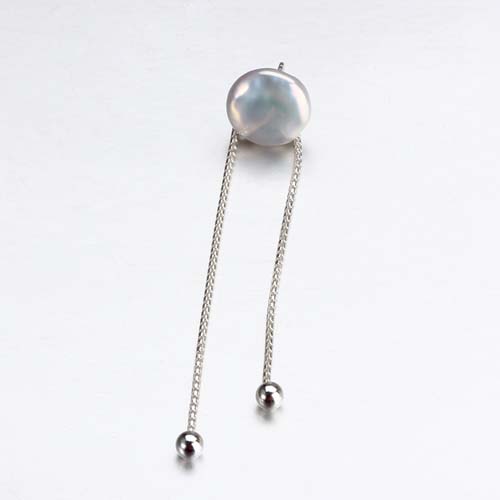 Sterling silver button pearl long chain earrings