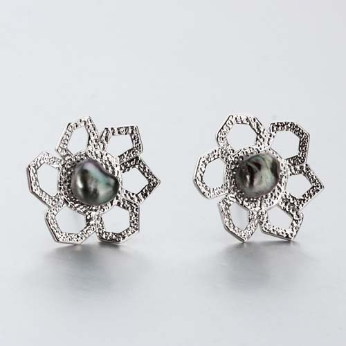 925 silver tahiti sea black pearl flower stud earrings