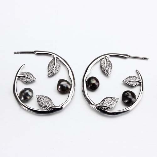 925 silver black pearl leaf hoop earrings