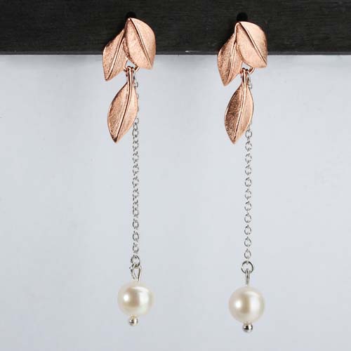 925 sterling silver pearl leaf drop earrings