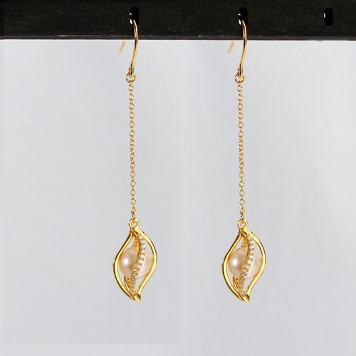 925 silver pearl cz mango shaped cage drop earrings