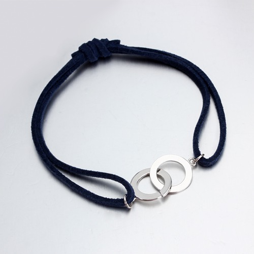 Leather cord silver double interlocked rings bracelet
