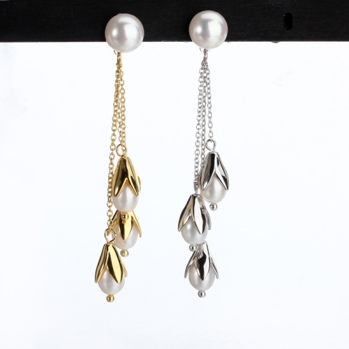 Renfook 925 sterling silver rice shape pearl jewelry earrings