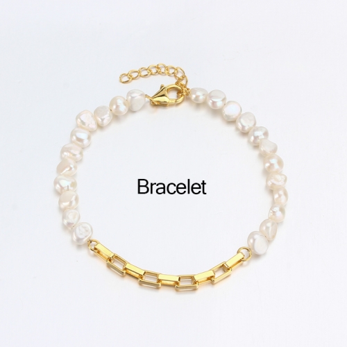 Renfook 925 sterling silver baroque pearl long box chain bracelet