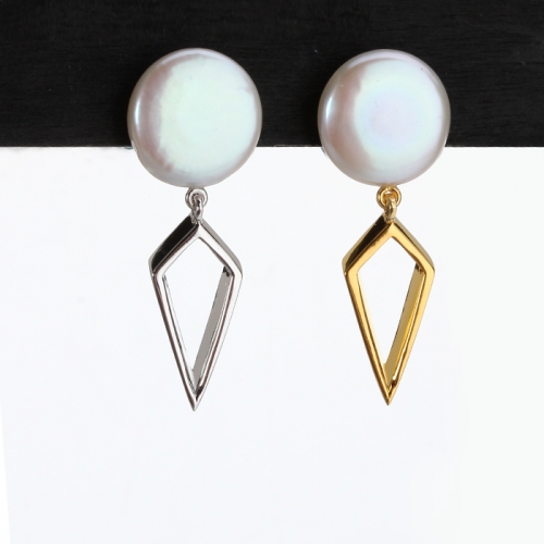 Renfook 925 sterling silver freshwater pearl rhombus stud earring