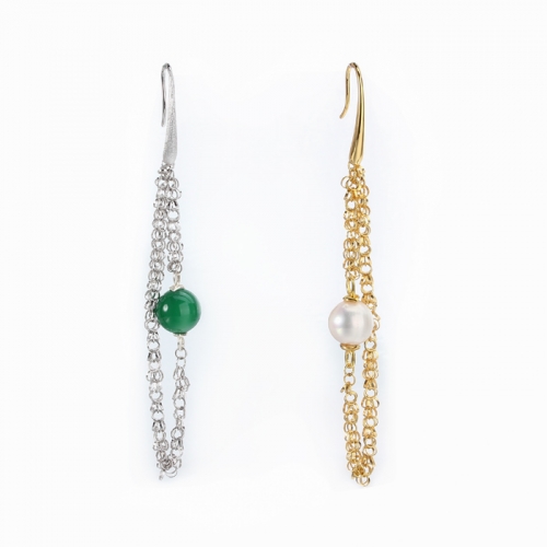 Renfook 925 sterling silver 40C chain pearl or green onyx earrings