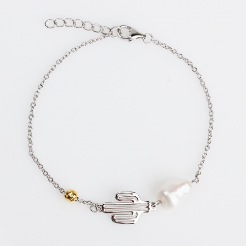 Renfook 925 sterling silver baroque pearl cactus bracelet jewelry women