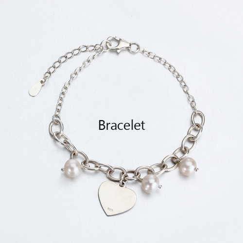 Renfook 925 sterling silver pearl and heart tag bracelet women jewelry