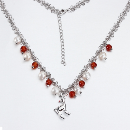 Renfook 925 sterling silver pearl and red coral deer necklace for women