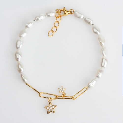 Renfook 925 sterling silver baroque pearl star bracelet for women