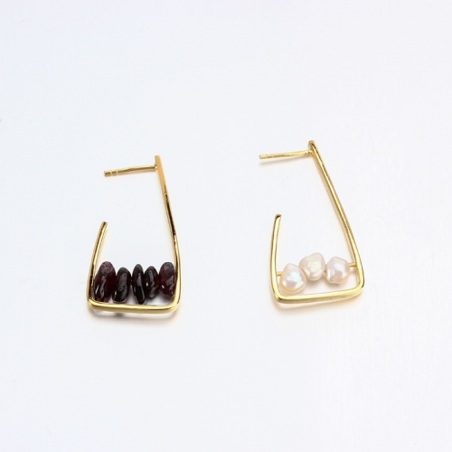 Renfook 925 sterling silver gemstone or pearl triangle shape earrings