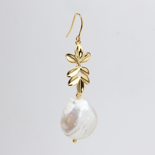 Renfook 925 sterling silver leaf baroque pearl earrings hook for women