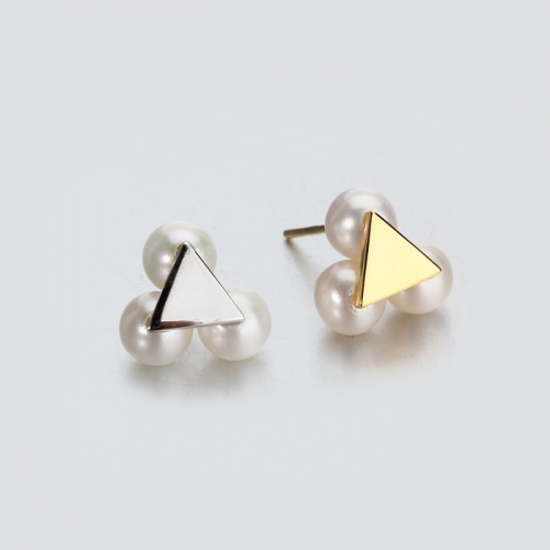 Renfook 925 sterling silver triangle-shaped three pearl earring stud