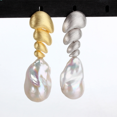 Renfook 925 sterling silver luxury unique baroque pearl earring stud for women