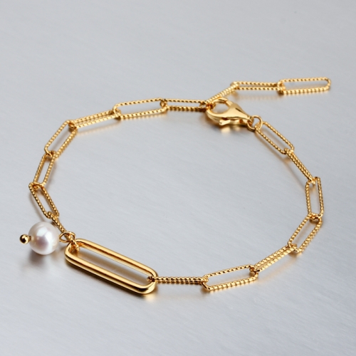 Renfook 925 sterling silver long link pearl bracelet for women