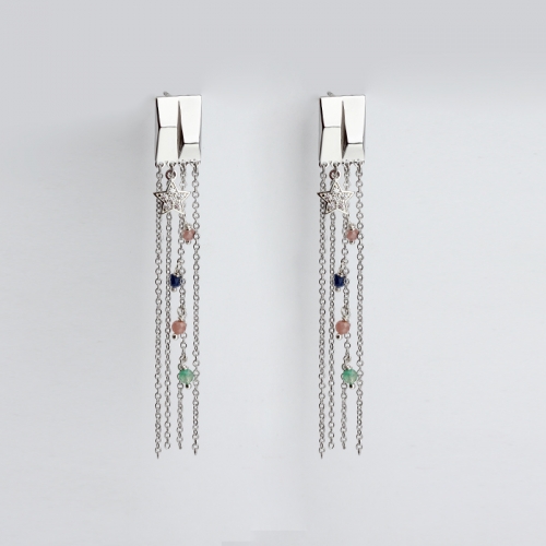 Renfook 925 sterling silver chain tassel gemstone earring for women