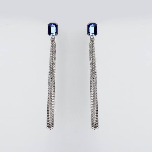 Renfook 925 sterling silver square crystal tassel chain earring stud