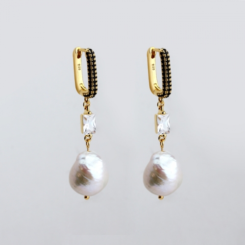 925 Sterling silver drop baroque pearl U shape huggie earrings