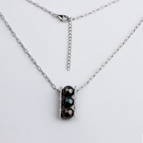 925 Sterling silver black pearl hammered pendant girls necklace