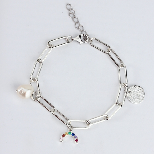925 Sterling silver new design pearl  rainbow charms bracelet