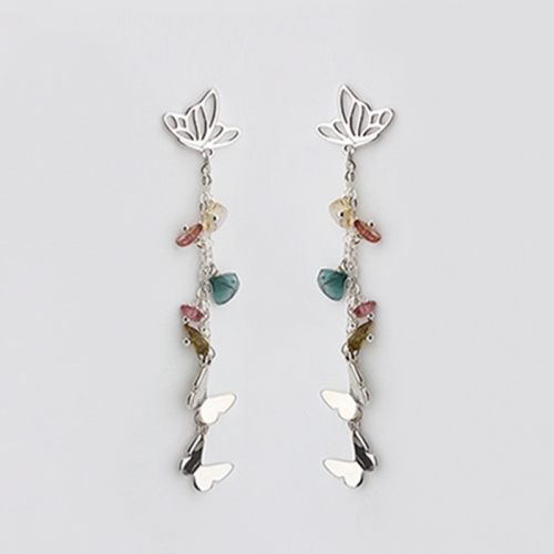 925 Sterling silver butterfly gemstone tassel earrings stud