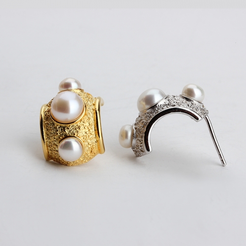 925 Sterling silver semicircle hammered pearl earrings stud