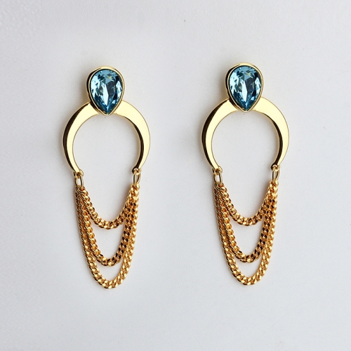 925 Sterling silver shiny moon shape crystal chain tassel earrings stud