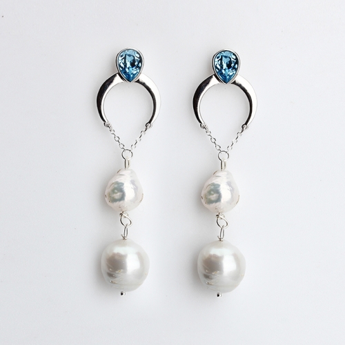 925 Sterling silver moon shape crystal baroque pearl earrings stud