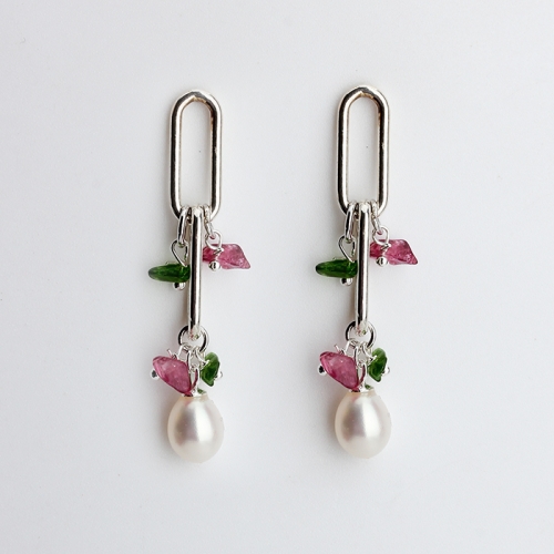 925 Sterling silver simple long chain gemstone pearl earrings stud new trend