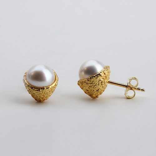 925 Sterling silver hammered pearl earring stud new trend