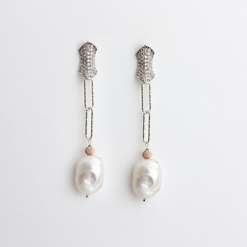 925 sterling silver long link cut chain baroque pearl earrings post