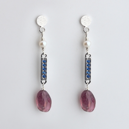 925 sterling silver blue CZ connector freshwater pearl gemstone earrings stud
