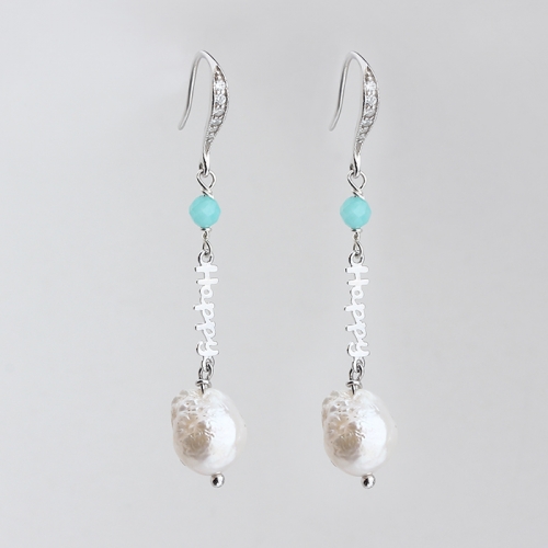 925 sterling silver happy connector with gemstone baroque pearl  earrings hook