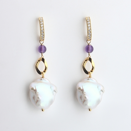 925 sterling silver amethyst baroque pearl dangle earrings stud