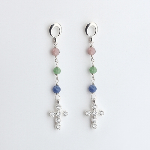 925 sterling silver colorful semi precious stone cross charm earrings stud