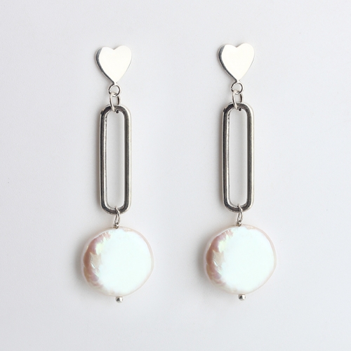 925 sterling silver heart disc with baroque pearl drop earrings stud