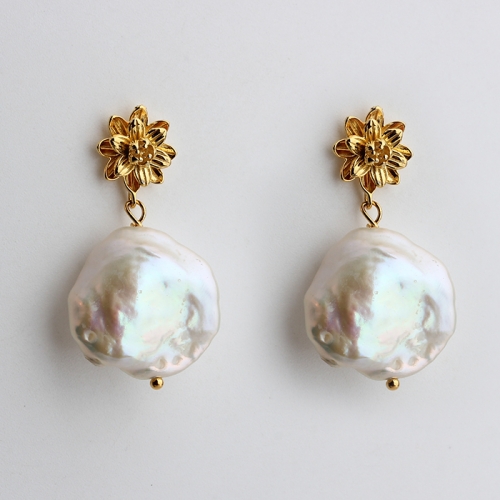 925 sterling silver gold plated flower baroque pearl earrings stud