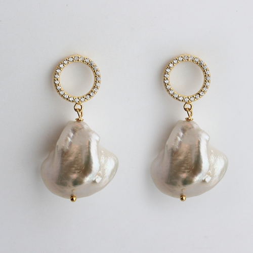 925 sterling silver CZ circle baroque pearl earrings stud