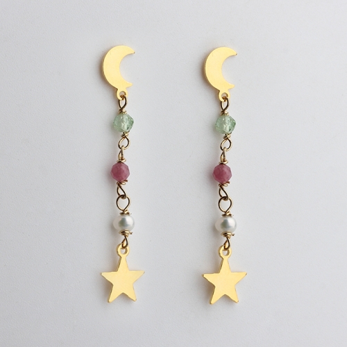 925 sterling silver gemstone and pearl with moon star charm dangle earrings stud