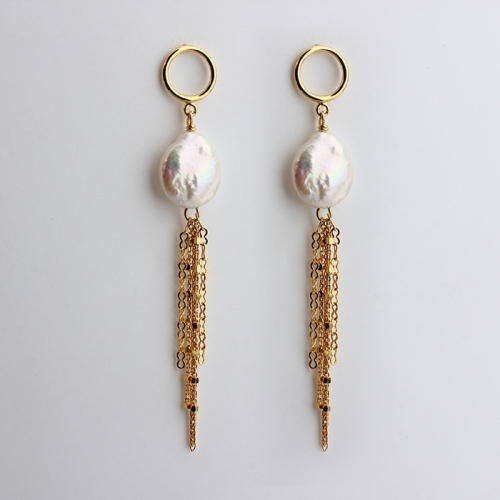 925 sterling silver baroque pearl chain tassel earrings stud
