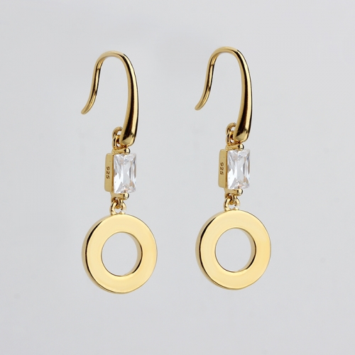 925 sterling silver baguette with shiny circle hook earrings