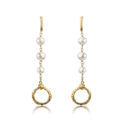 925 Sterling Silver pearl with hammered circle earring