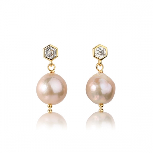 925 Sterling Silver Hexagon CZ with Pink Baroque Pearl Earring