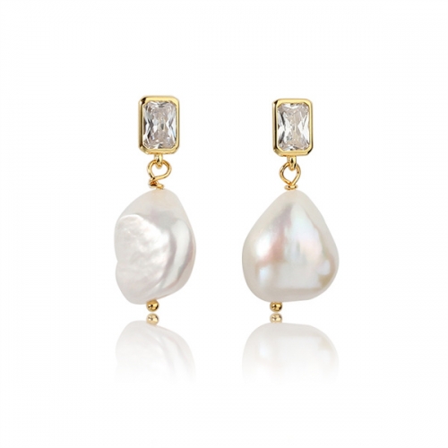 925 Sterling Silver CZ  Baroque Pearl Earring Studs