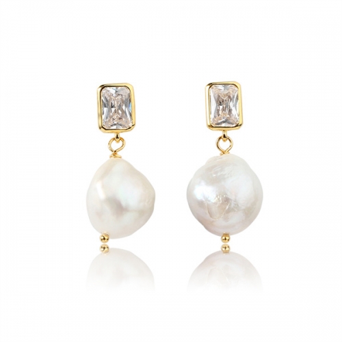 925 Sterling Silver CZ  Baroque Pearl Earring Studs