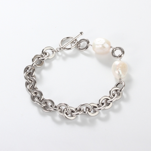 925 Sterling Silver Hollow Rolo Chain Bracelet with Baroque Pearl