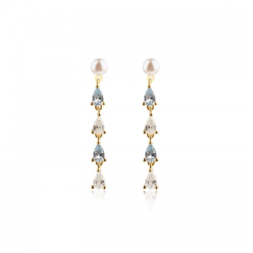 925 Sterling Silver Round Pearl & Pear Shaped CZ Earring Stubs