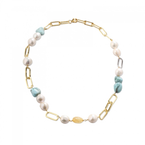 925 Sterling Silver Gemstones & Pearls Necklace