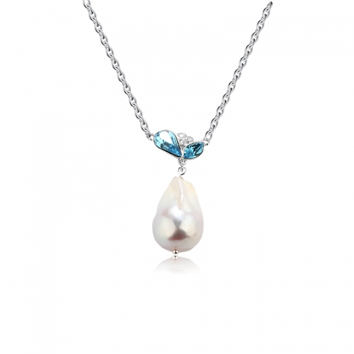 925 Sterling Silver Drop Crystal and Baroque Necklace