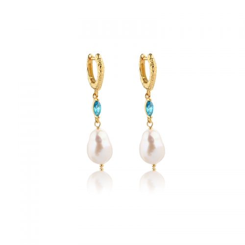 925 Sterling Silver Hammer Earring Hoops with Baroque Pearl